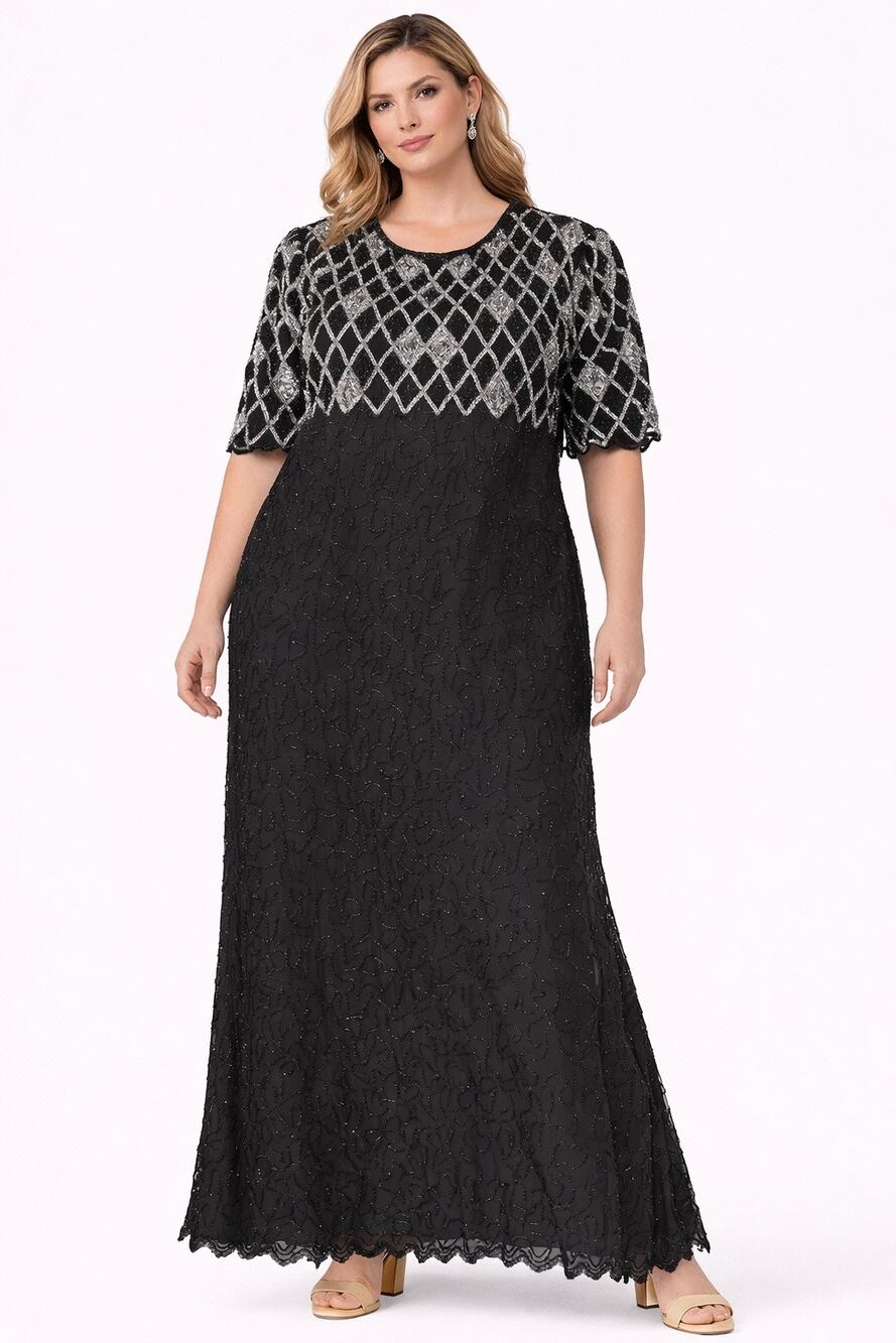 1980s Lawrence Kazar New York Black Silk Beaded Evening Gown 3X